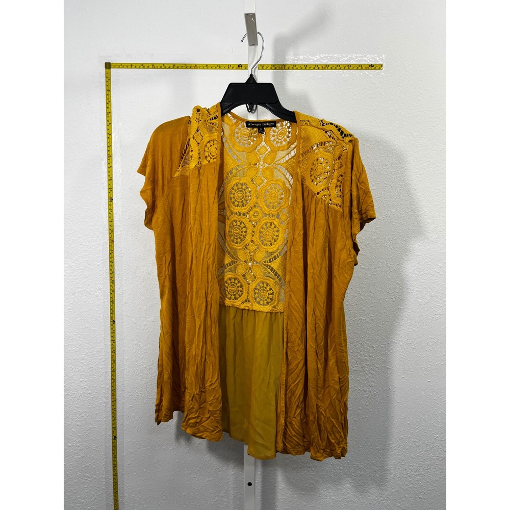 Always Indigo Mustard Yellow Crochet Lace Back Open Front Cardigan XL Boho Short